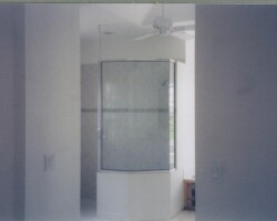 1/4” clear tempered glass, neo angle with chrome channel on all sides