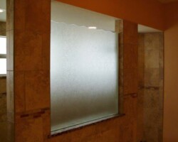 3/8” tempered delta frost glass with custom pattern top and brushed nickel channel
