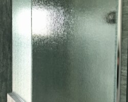 3/8” obscure rain glass fixed panels with chrome channel and slip over clip