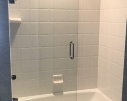 3/8” movable panel with chrome glass to wall hinges and bore thru c pull handle