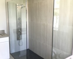 1/2” clear glass fixed panels with brushed nickel channel on 2 sides